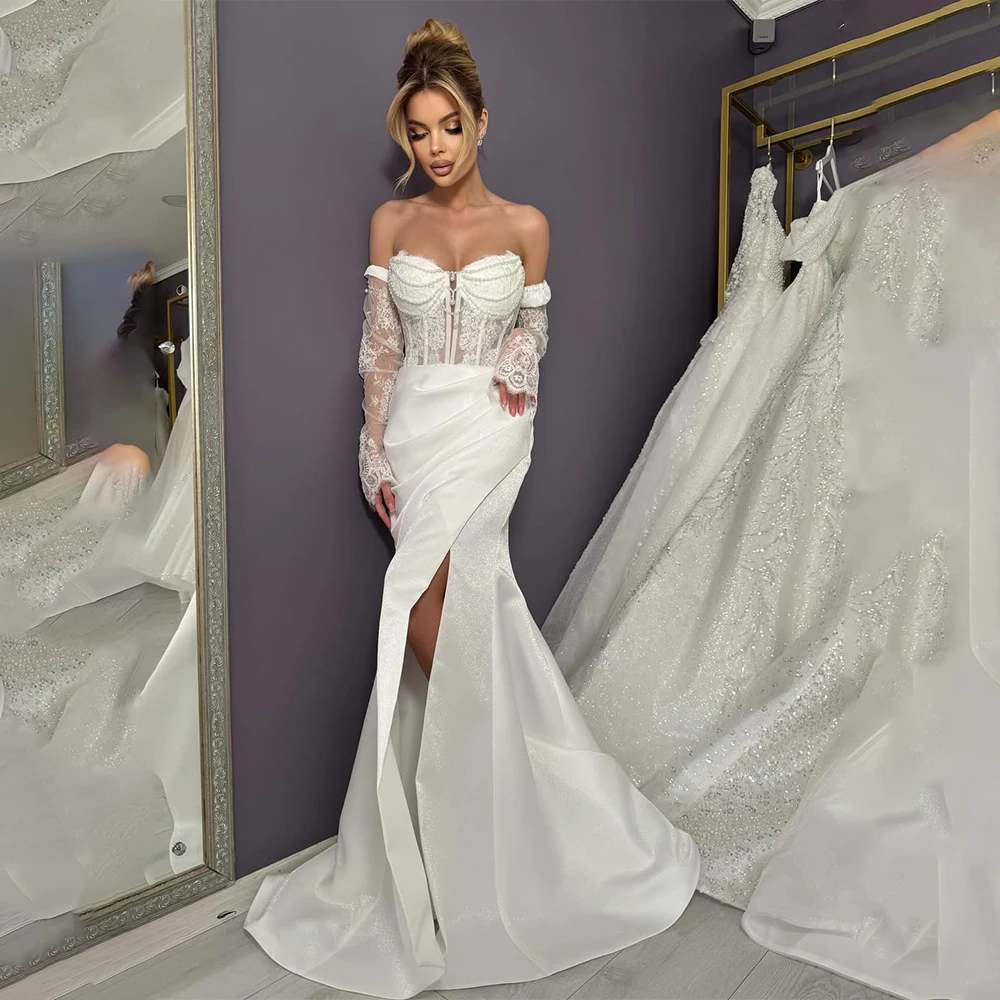

Sexy Detachable Long Sleeves V-neck Lace Applique Satin Sheath Wedding Dresses Side Slit Custom Made 2026 Rode De Morrie
