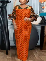 Plus Size Vonda 2024 Frauen Sommer bedrucktes Kleid Bohemian Flare Ärmel lange Maxi Vestido V-Ausschnitt lässig lose gekräuselte Sommerkleid