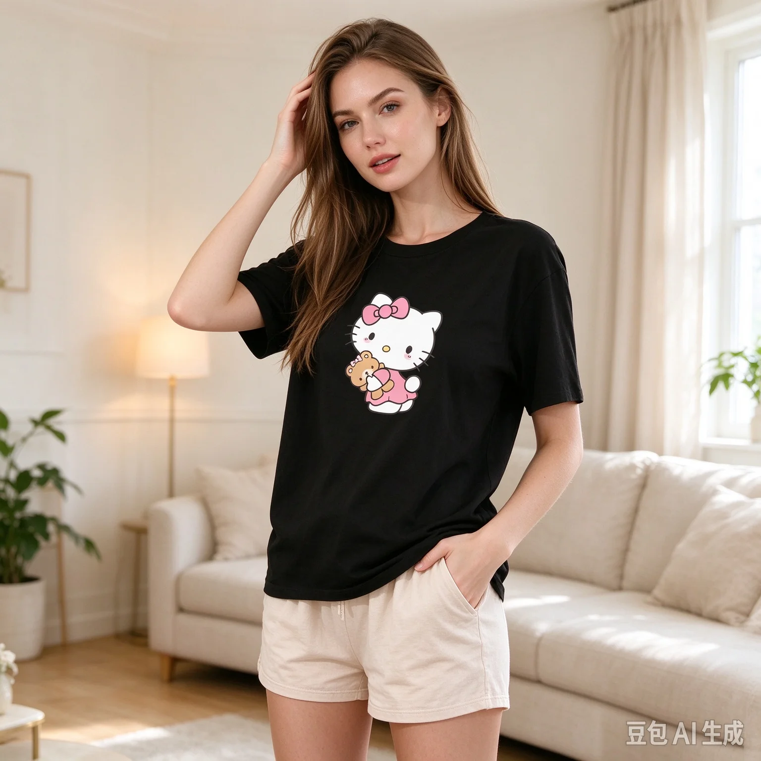 2026 Kitty Cute 2D Print Short-Sleeve T-Shirt Girls Adult Casual Top Everyday Pure Cotton Clothing Parent-Child Clothing