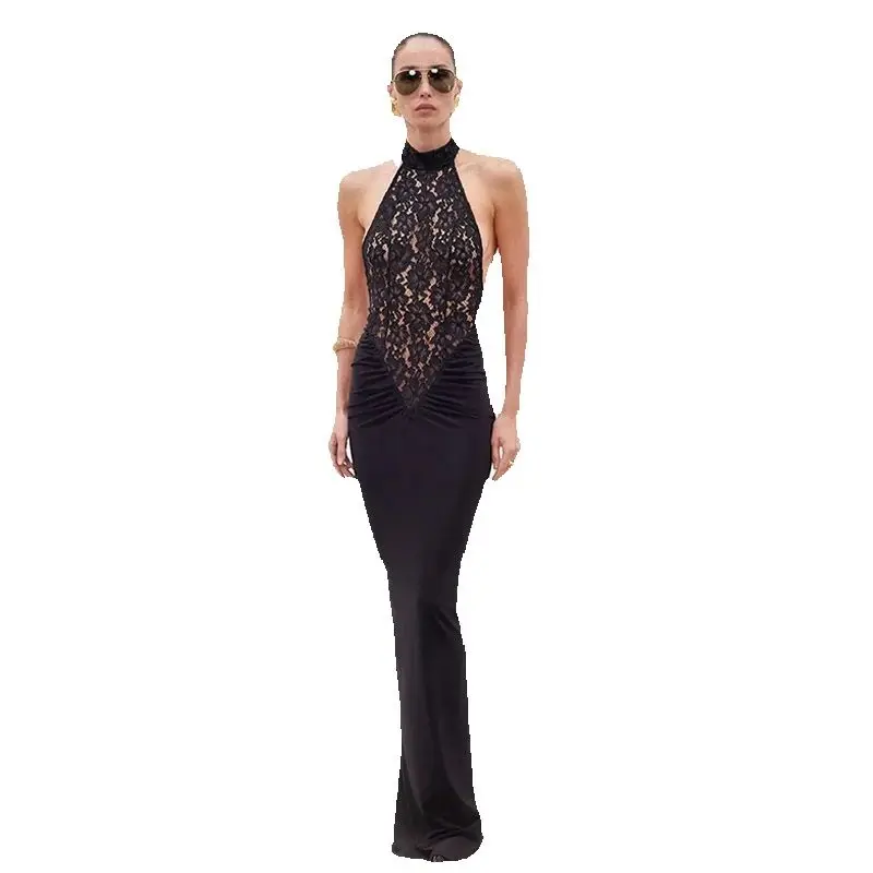 Ahagaga Sexy Women's Maxi Dresses Solid Sheath Lace Sleeveless Turtleneck Slim Fit Bodycon Elegant Party Female Vestidos Robes — zdjęcie 2