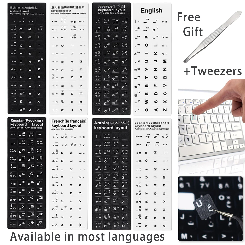 Pegatinas de letras de teclado de repuesto antideslizantes resistentes al desgaste para español/inglés/ruso/alemán/Árabe/italiano/japonés/coreano