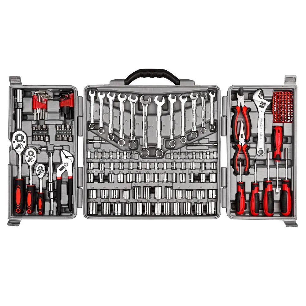

205 Piece Ratchet Wrench Tool Set 1 4 amp 3 8 amp 1 2 Drive with SAE Metric Sockets Kit in Plastic Toolbox