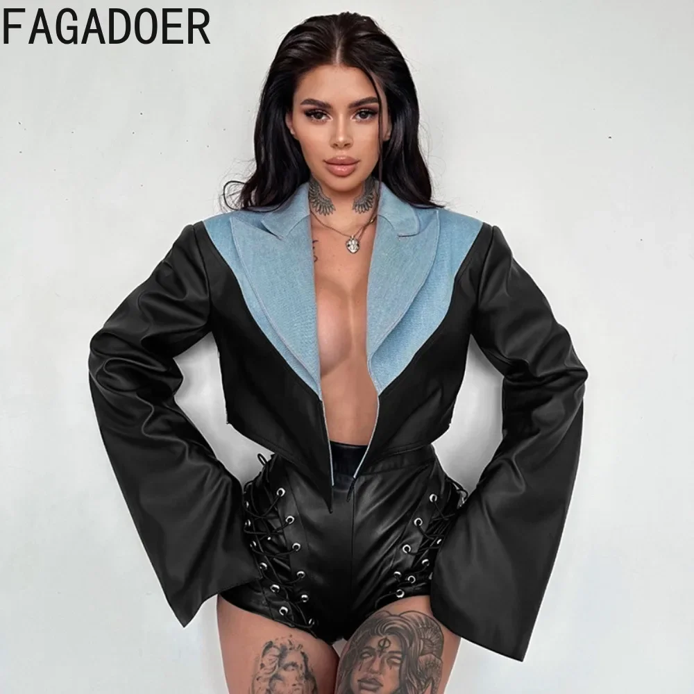 FAGADOER Punk Leather Jacket Women Fashion Flare Long Sleeve Denim Patchwork Crop Jackets Hot Girl Y2K Streetwear Coats 2025