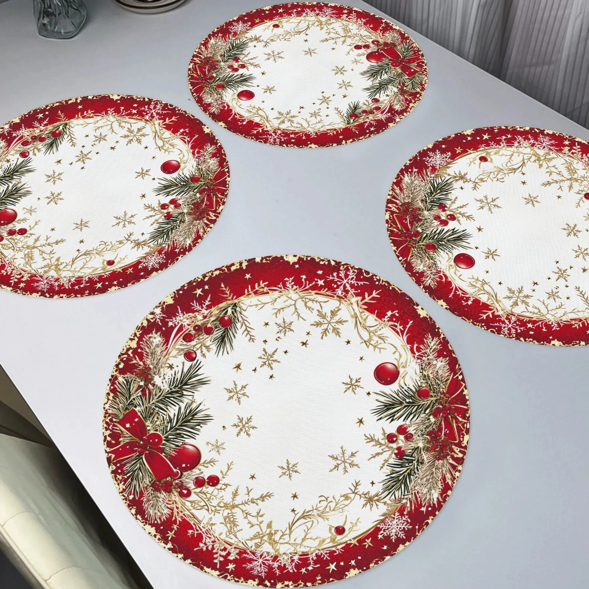 VIKAMA 4-Piece Red & Gold Christmas Pine Branch Placemats Dinner Party Christmas Celebrations Holiday Table Decor & Accessories
