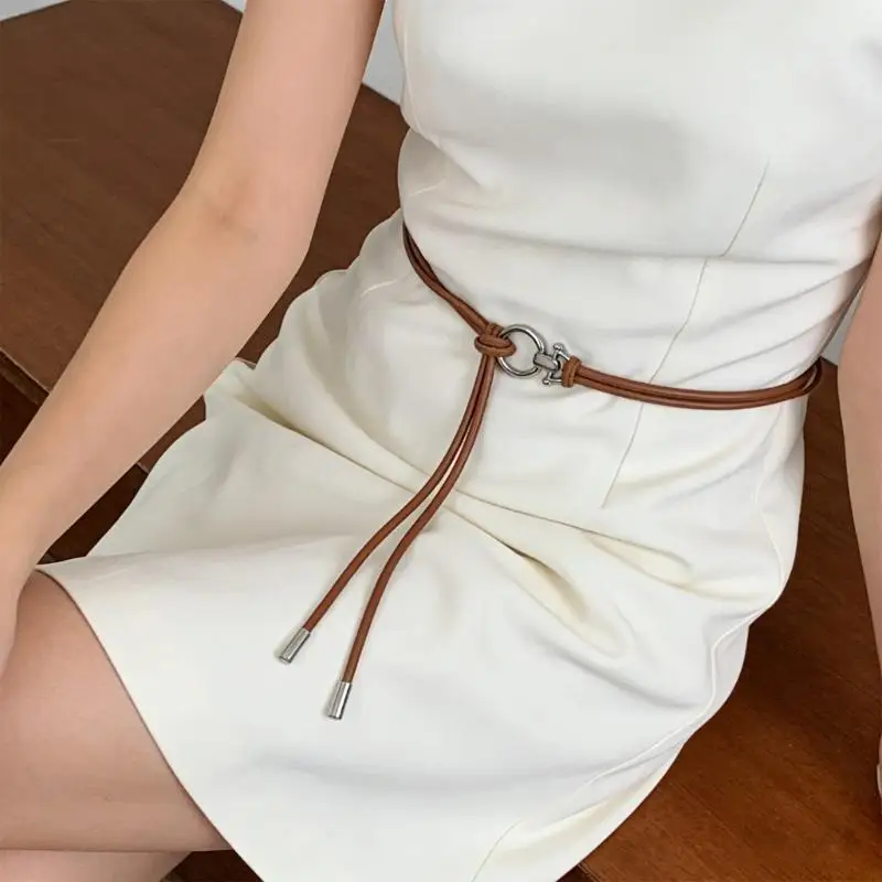 39BD Adjustable Knot Closure Thin PU Leather Sash Belt Retro Look Waist Strap for Various Occasion Multiple Color