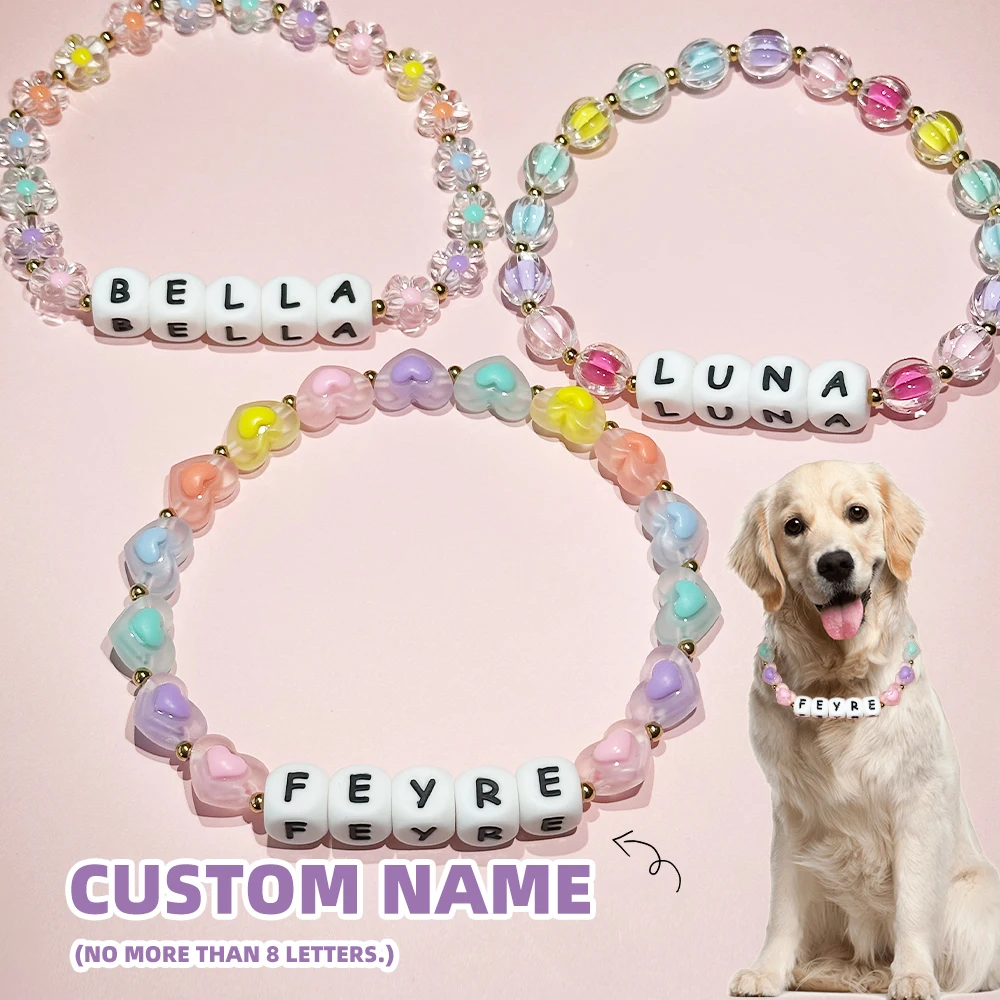 

Personalised Pet Dog Necklace Collar with Custom Name - Heart & Floral Shaped Colorful Beads, Stylish & Unique for Cats & Dogs