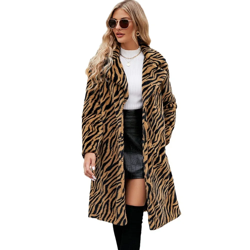 Fashion Casual Suit Collar Faux Fur Coat Women Print Plush Long Coat Autumn and Winter Faux Fur Coat