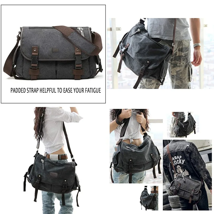 Upgraded] Vintage Canvas Messenger Bag 13 15.6 Book Laptop Shoulder Bag Women Men New,X