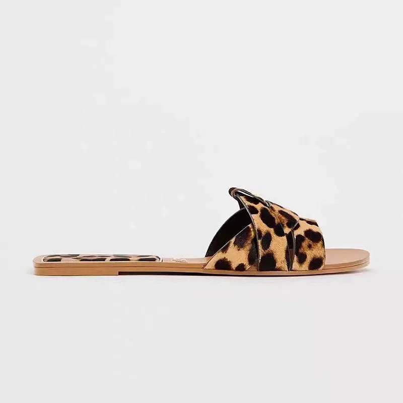 TARF Woman Leopard Flat Slippers 2024 Summer Round Head Open Toe Women Street Slipper Casual Indoor Print Shoes Elegant Sandals