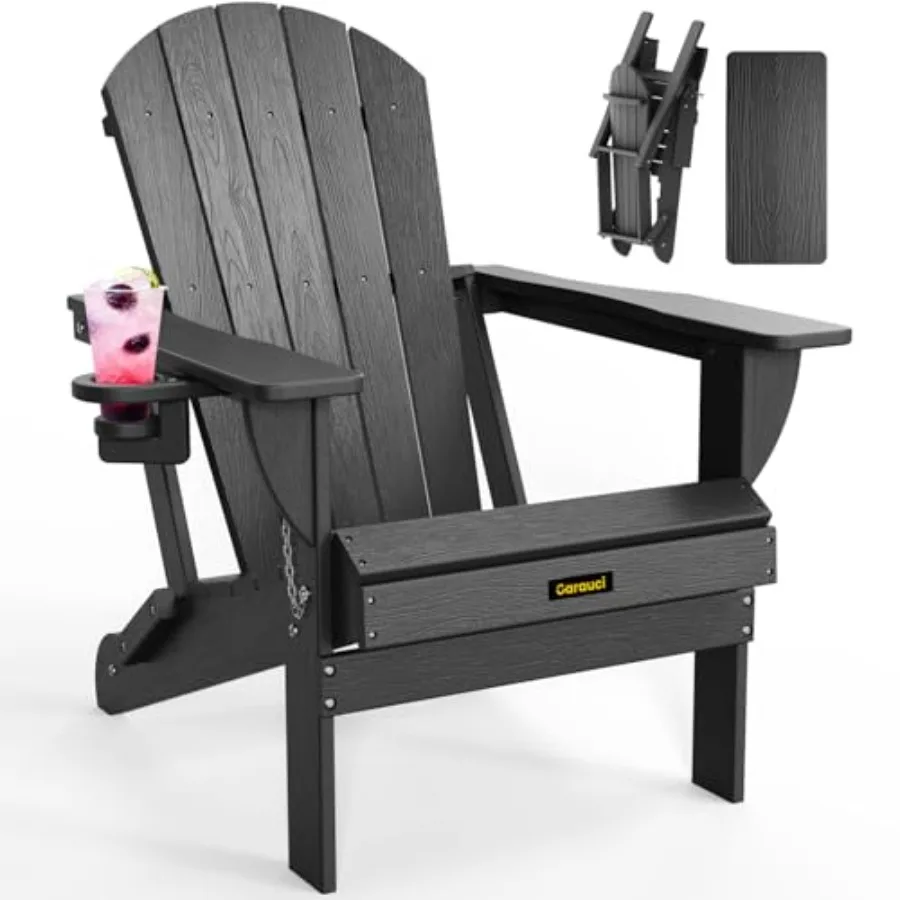 

Plastic HDPE Adirondack Chair for outdoor garden, porch, lawn, backyard use; black weather-resistant folding chair with wooden