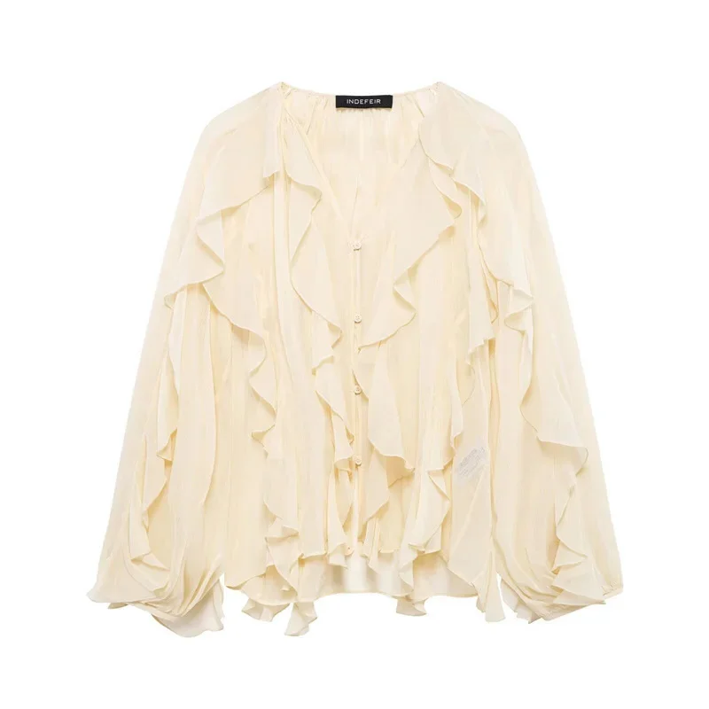 New Arrival Layered Decorative Shirt For Spring Loose-Fit Casual Single-Breasted Blouse Fashion Women's V-Neck Solid Color Top