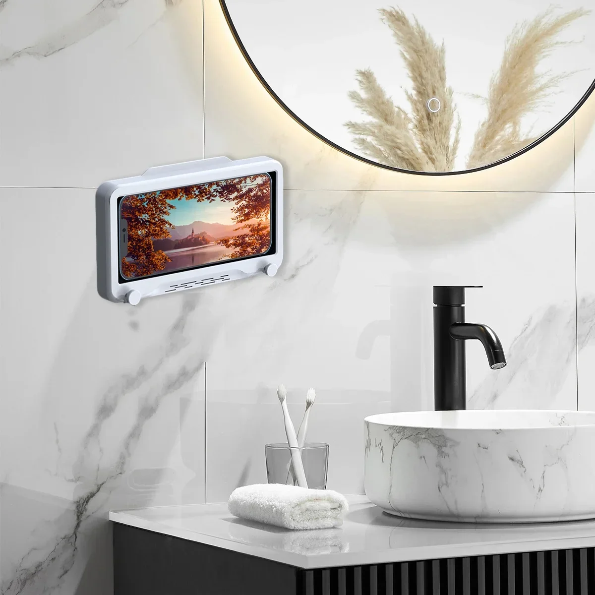 New 1pc Waterproof Bathroom Mobile Phone Box, Anti-Fog Touch Screen, Shower Accessories, Wall Mount Phone Holder, For Shower