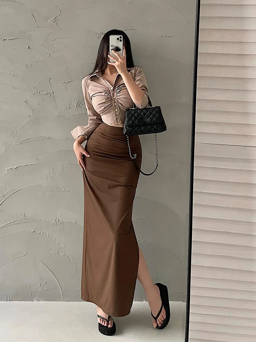WOMENGAGA Sexy High Waist Slim Pleated Slim Tight Wrap Hip Workwear Skirt Long Skirt Girl Hot Sexy Korean Women Skirts UA4N