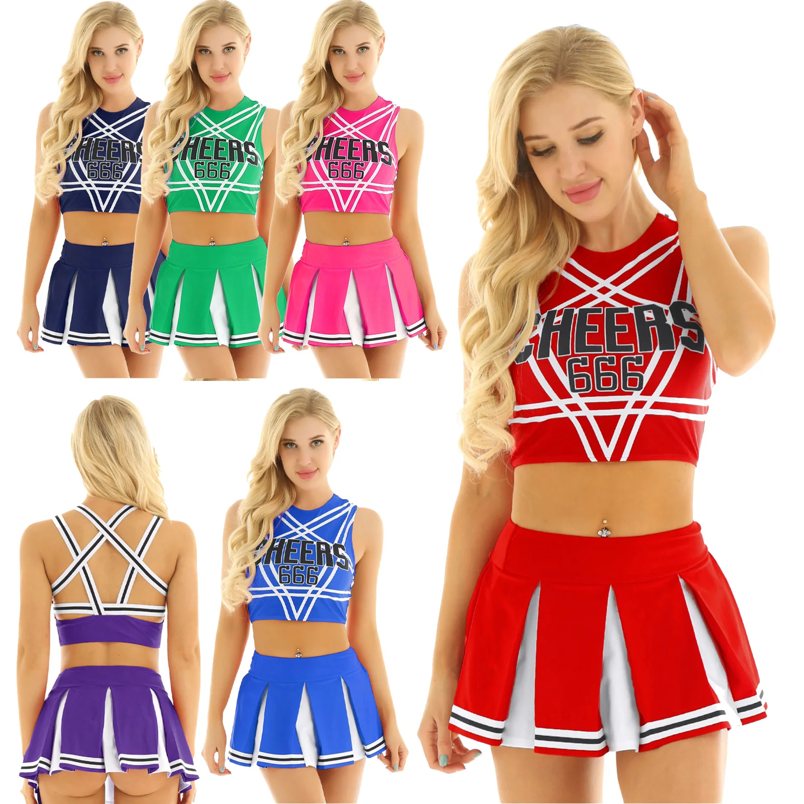 Donne Cheerleading vestiti Set senza maniche Crop Top con Mini gonna a pieghe studentesse Cosplay sport incontri