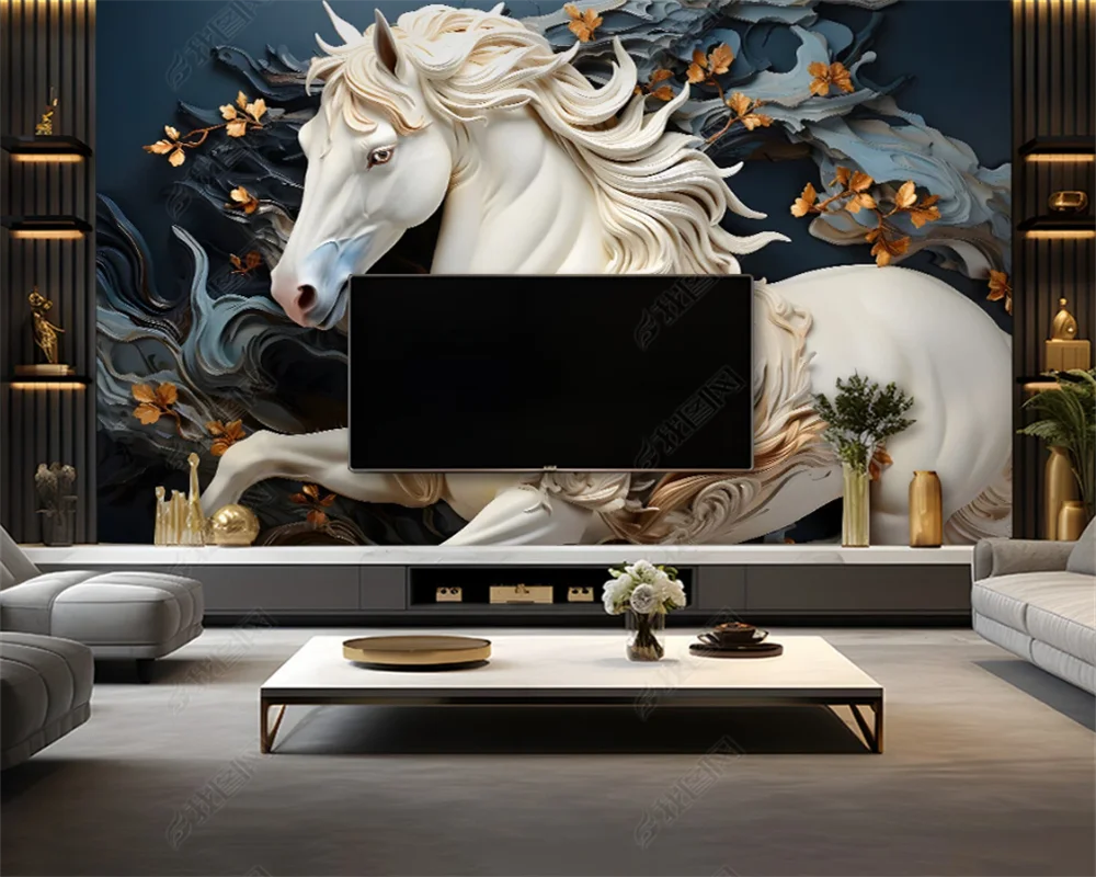 beibehang Customized modern new style horse relief white horse stone TV background with multiple materials wallpaper