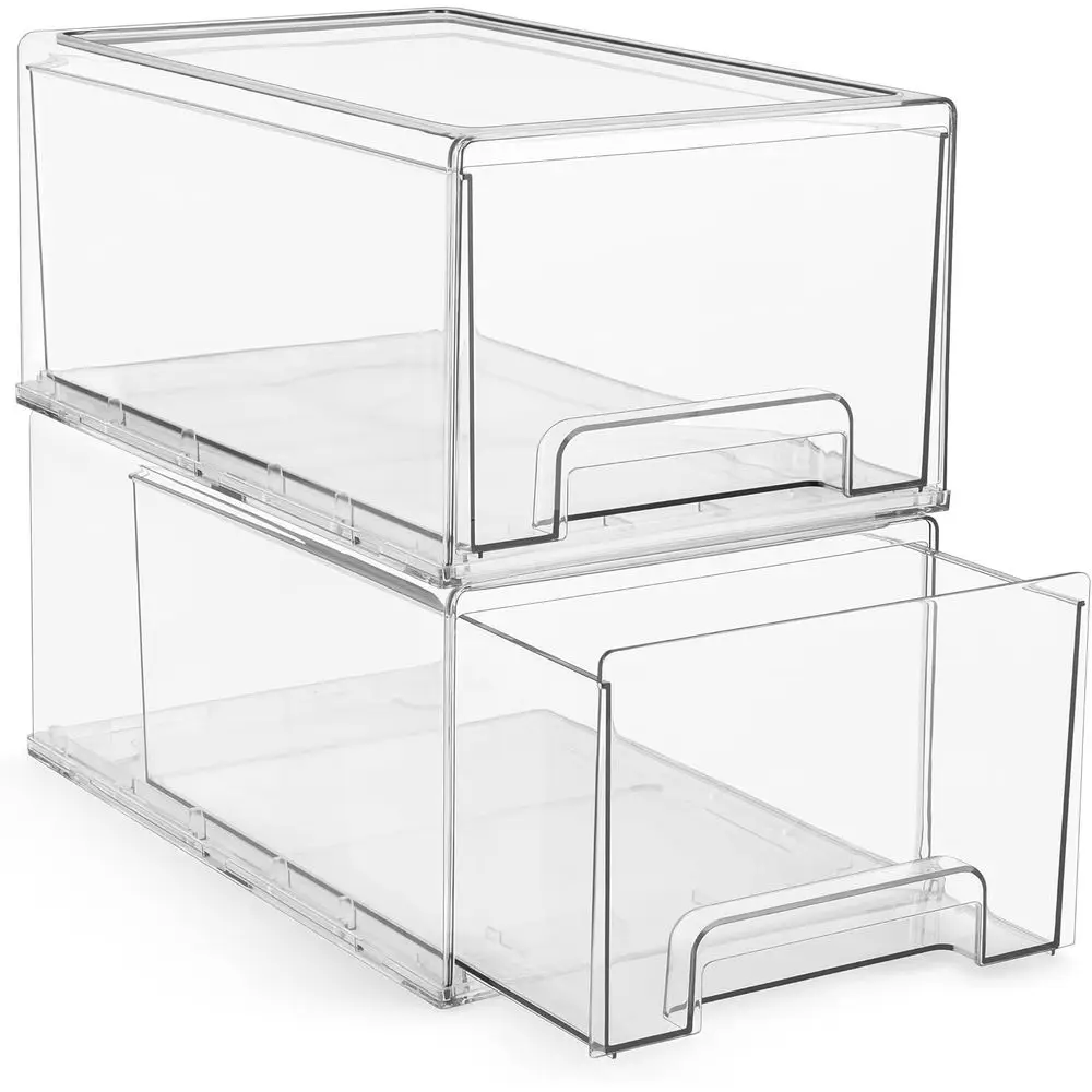 

Large Clear Stackable Storage Ders – 2-Pack Plastic Organizer Bins with Handles – Stackable Pull-Out Storage Ders or Closet, Pan