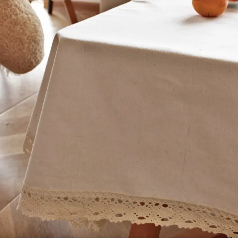 French Country Style Solid Color Tablecloth Beige with Lace Edging Living Room Dining Room Table Decor Cover