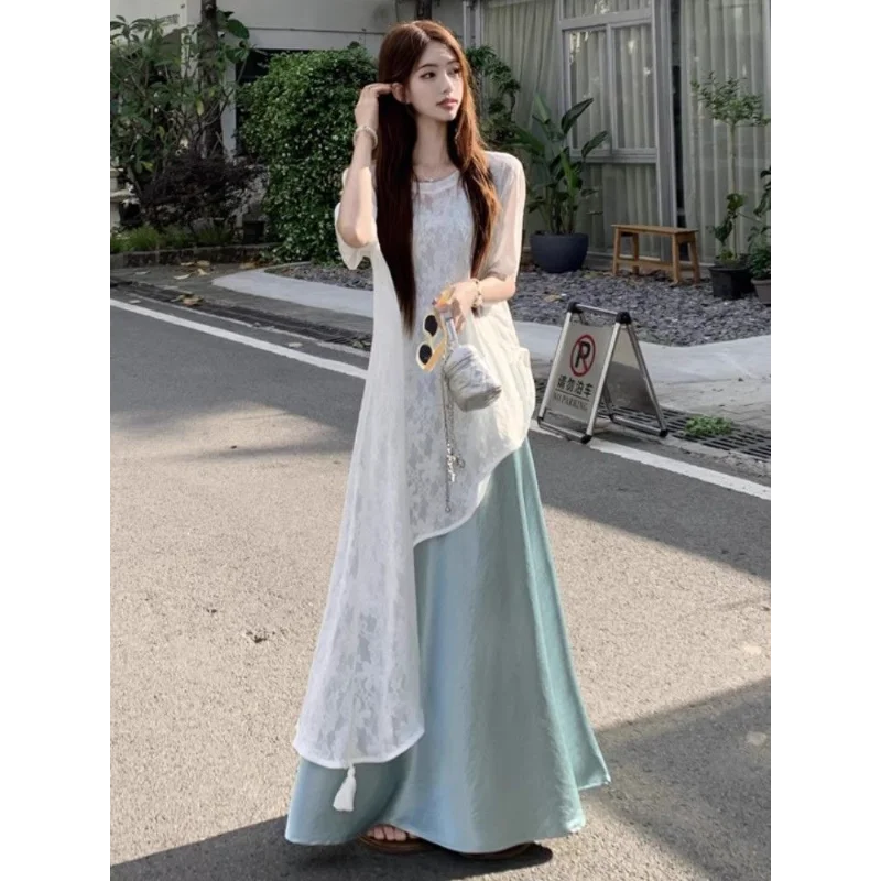 Irregular Wear Layered Lace Shirt Women's Complete Set of Suspender Dress Two-piece Temperament Suit