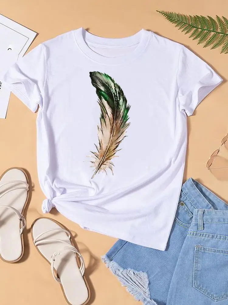 

Women Clothes Graphic T-shirt Fashion Print Short Sleeve Lady Top Feather Watercolor Trend Female 90s Womens T Shirt Tee