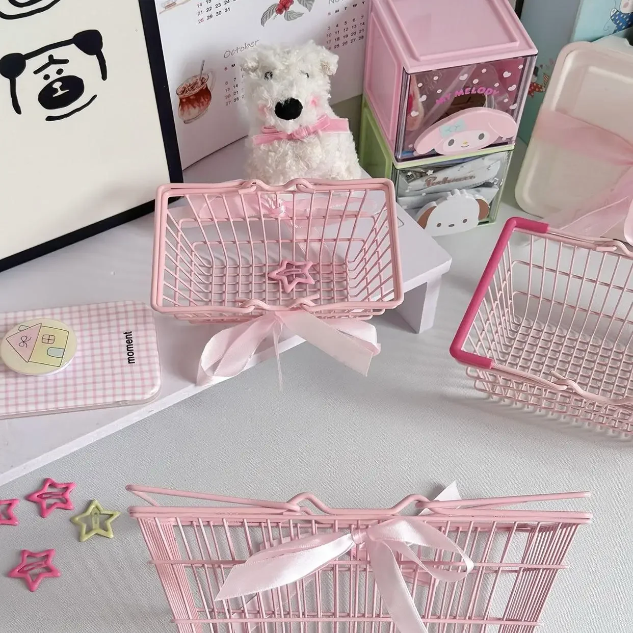 5PCS 3/ Iron Mini Pink Gift Handle Basket with Bow Girl Ribbon Storage Cute Christmas Birthday Gift Decorative Props Wholesale