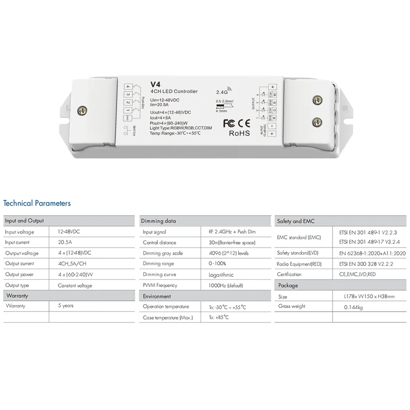 V4 RGBW Controller DC 12-36V 4 canali RGB RGBW LED Strip Light Controller 2.4G RF Smart Wifi Wireless LED Remote Controller