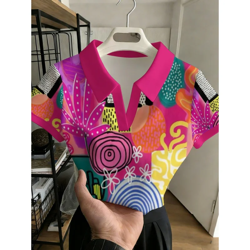 2026Dopamine color-blocking geometric coconuWomen's Collared T-Shirt, stylish, trendy,