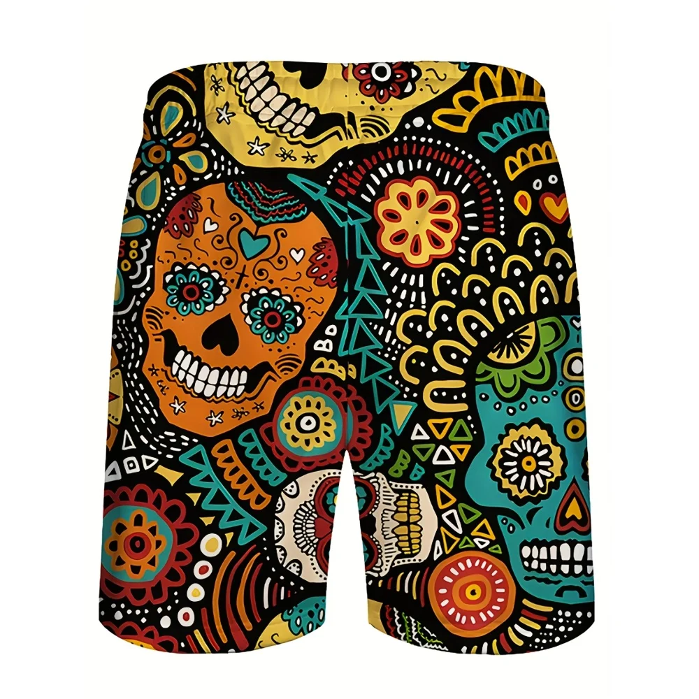 Pantaloncini da spiaggia stampati con teschio alla moda da strada Estate Mare Nuoto Surf Pantaloni ad asciugatura rapida Pantaloncini casual larghi con coulisse da uomo