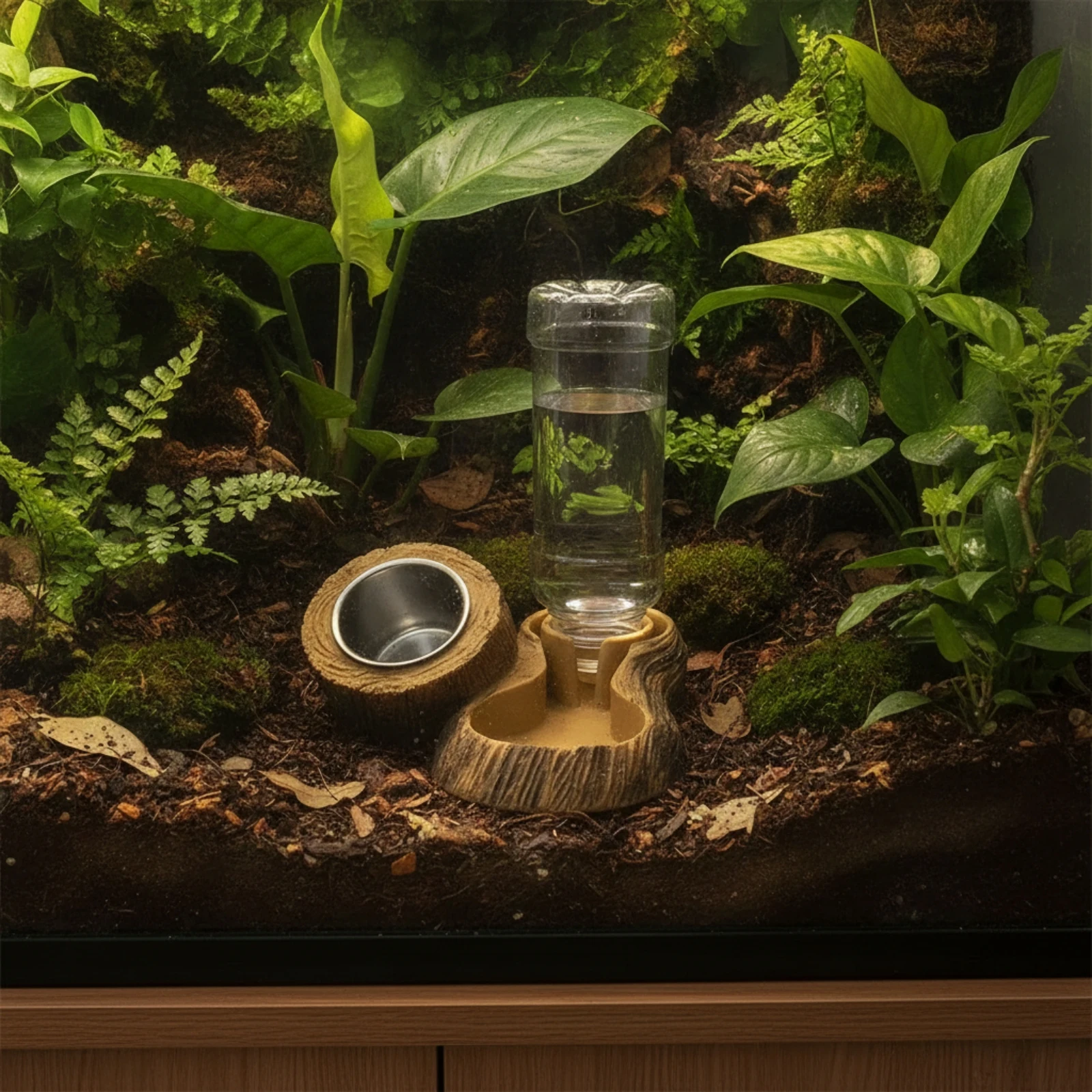 Reptile Feeding Dish with Water Bottle Integrated Reptile Food Dish with Water Bottle Pet Supply Natural-Looking Wood-Look