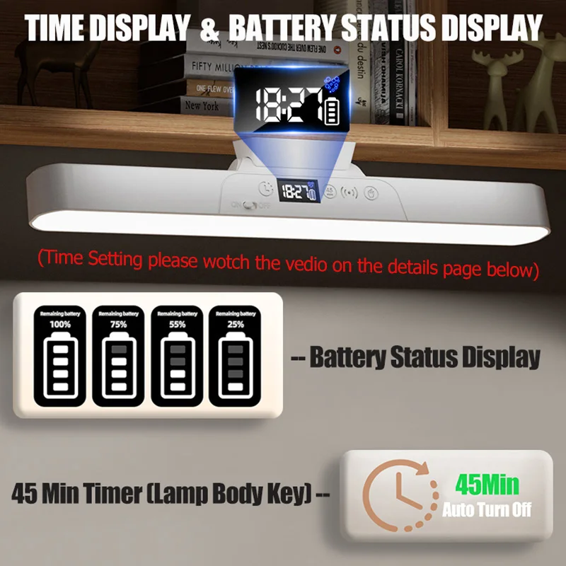 Lampe de bureau magnétique pour soins des yeux, Rechargeable par USB, veilleuse LED, affichage de l'état et du temps de la batterie, lampe de lecture pour la cuisine
