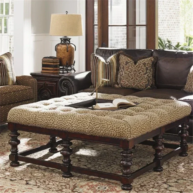 Y Solid Wood Square Leopard-Print Cloth Coffee Table Pull Buckle Tea Table