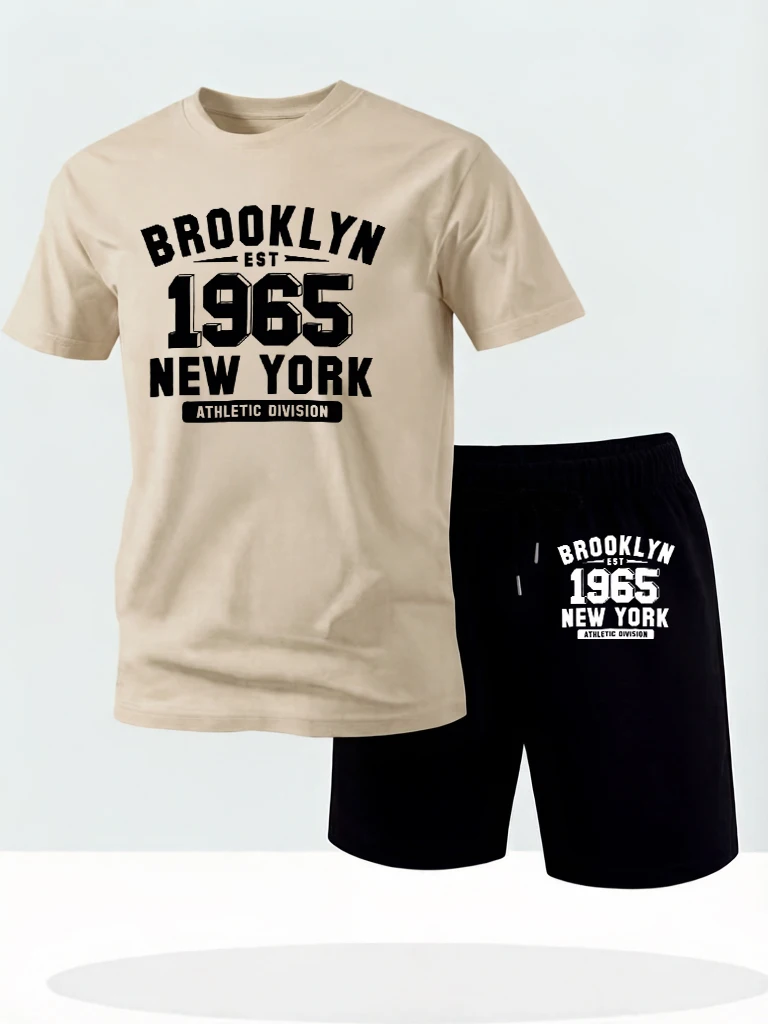 

Brooklyn 1965 New York Prints Simple Running Soft Streetwear To Man 2Pc Set Cotton Cool Short Sleeve Comfortable Summer Britches