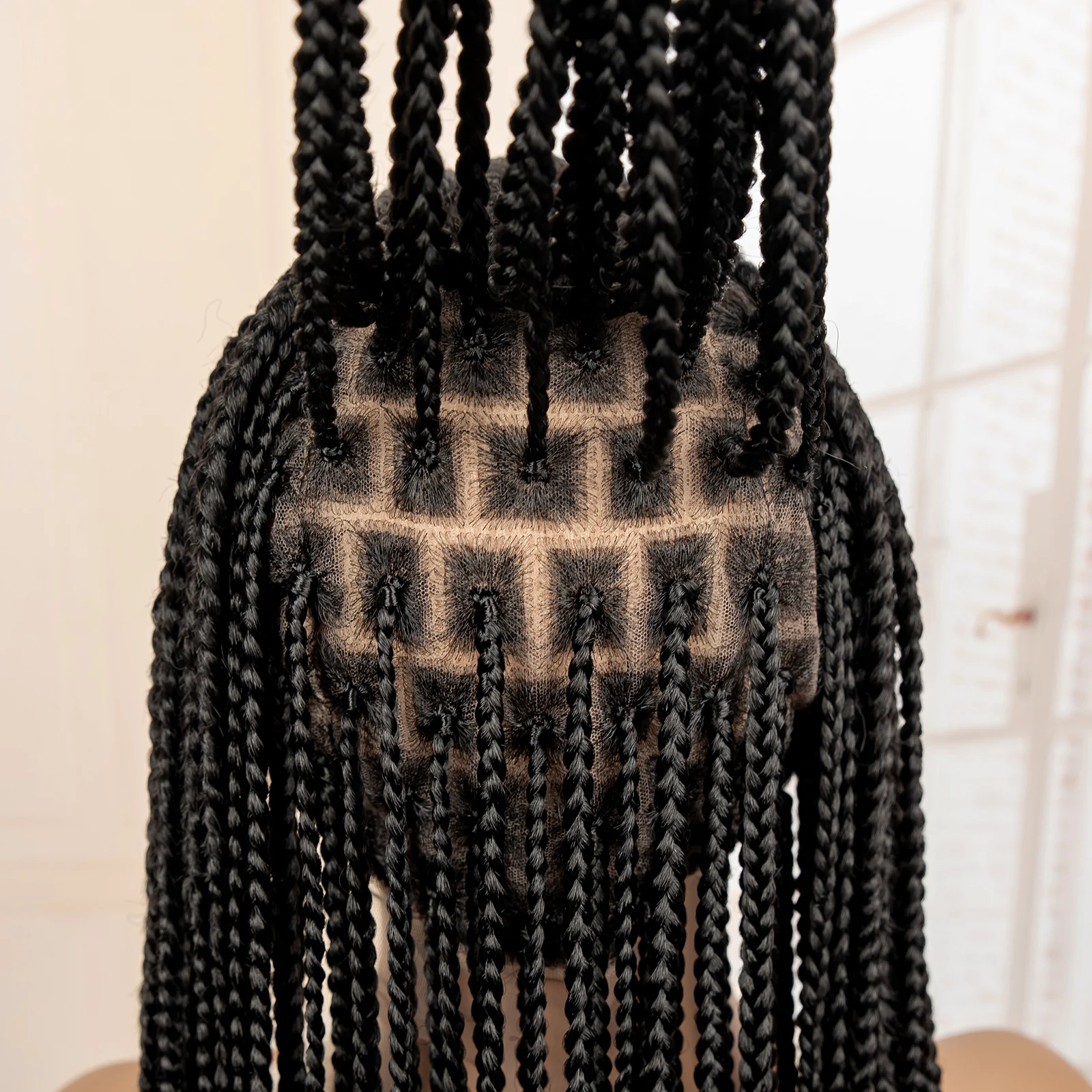 Wig Kepang Kotak Tanpa Simpul Sintetis Afrika 36 Inci Wig Kepang Renda Penuh Wig Kepang Cornrow Rajutan Buatan Tangan untuk Wanita Kulit Hitam