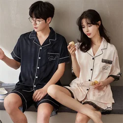 Summer Thin Couple Sleepwear Short Sleeve Button-down Lapel Tops and Shorts Men Pajamas Set Women Casual Nightwear Home Clothes