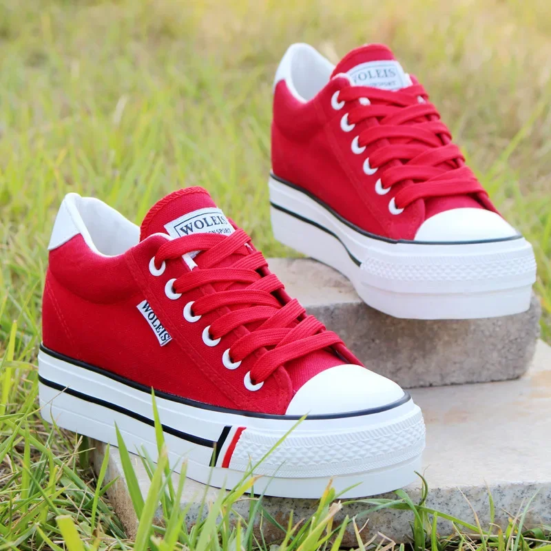 Spring 2023 Women Inner Height Increasing Canvas Wedge Shoes Trainers Female Sneakers Woman Casual Thick Bottom Sneaker Tennis