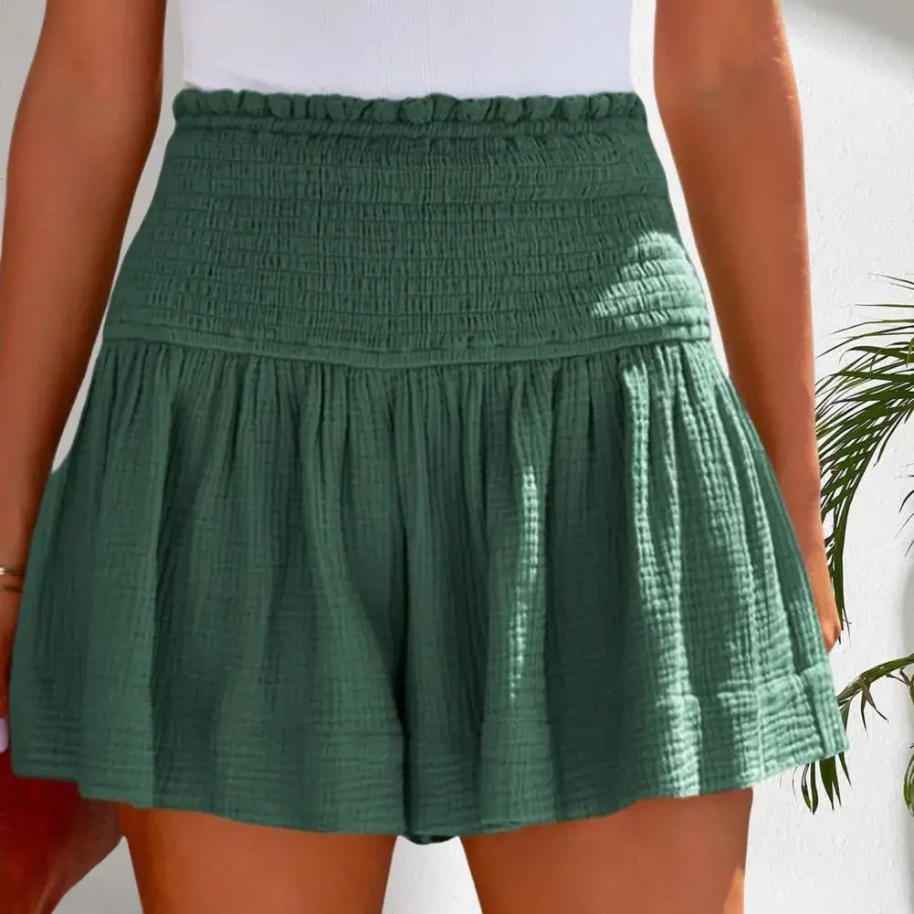 여성용 반바지 솔리드 컬러 플리츠 엘라스틱 하이 웨이스트 와이드 레그 반바지 캐주얼 통기성 비치 반바지