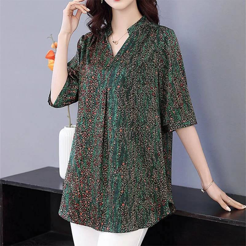 Female 6XL Big Size Loose Chiffon Blouse Half Sleeve V Neck Oversized Print Vintage Women Summer 2022 New Casual Pullover Shirt