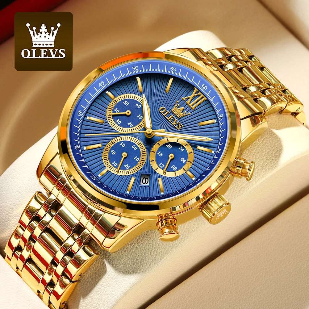 OLEVS Gold Blue Men\'s Watches Date Chronograph Small Dial Exclusive Design Luxury Business Waterproof Stainless steel Wristwatch