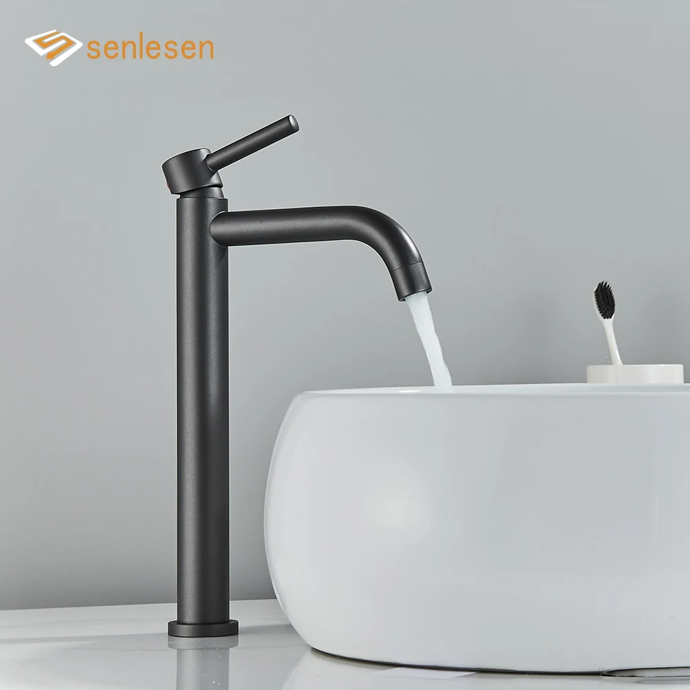 

Senlesen Matte Black Bathroom Basin Faucet Brass Deck Mounted Short or Tall Hot and Cold Water Mixer Tap Crane For Vessel Sink