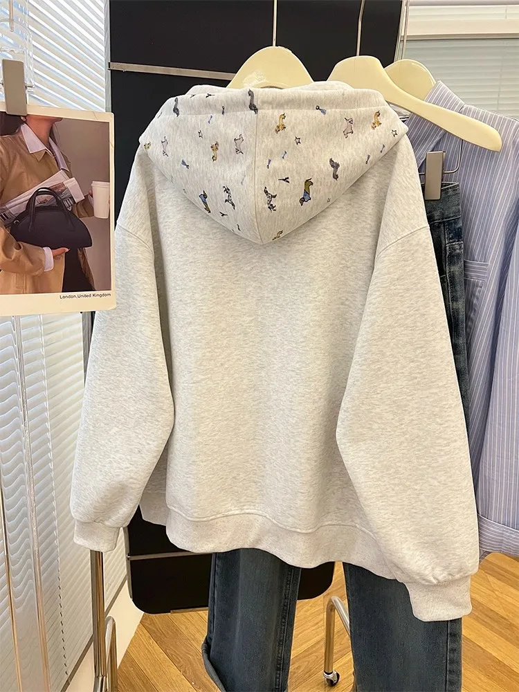 특대형 300파운드 미국 레트로 후드티 여성용 2025년 가을 신상 고급 지퍼 오픈 가디건 스웨트셔츠 아우터웨어