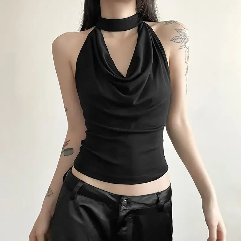 2000s Solid Color Simple Casual All-match Cool Confident Sexy Beautiful High Street Summer Travel Women's Thin Halter Vest