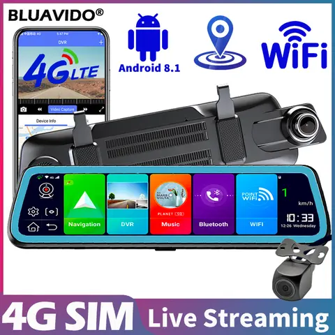 자동차 백미러 비디오 녹음기 GPS 내비게이션 백업 카메라, ADAS 안드로이드 8.1, AHD 1080P 스트리밍 미디어, 9.66 인치, 4G 대시 캠