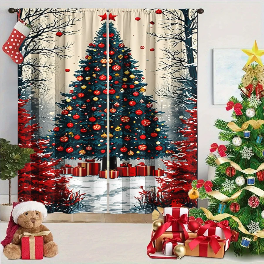 2PCS Christmas Winter Curtains, Snowy Forest Christmas Tree Ornament Gift Box, Digital Print, Bedroom Living Room, Home Decor