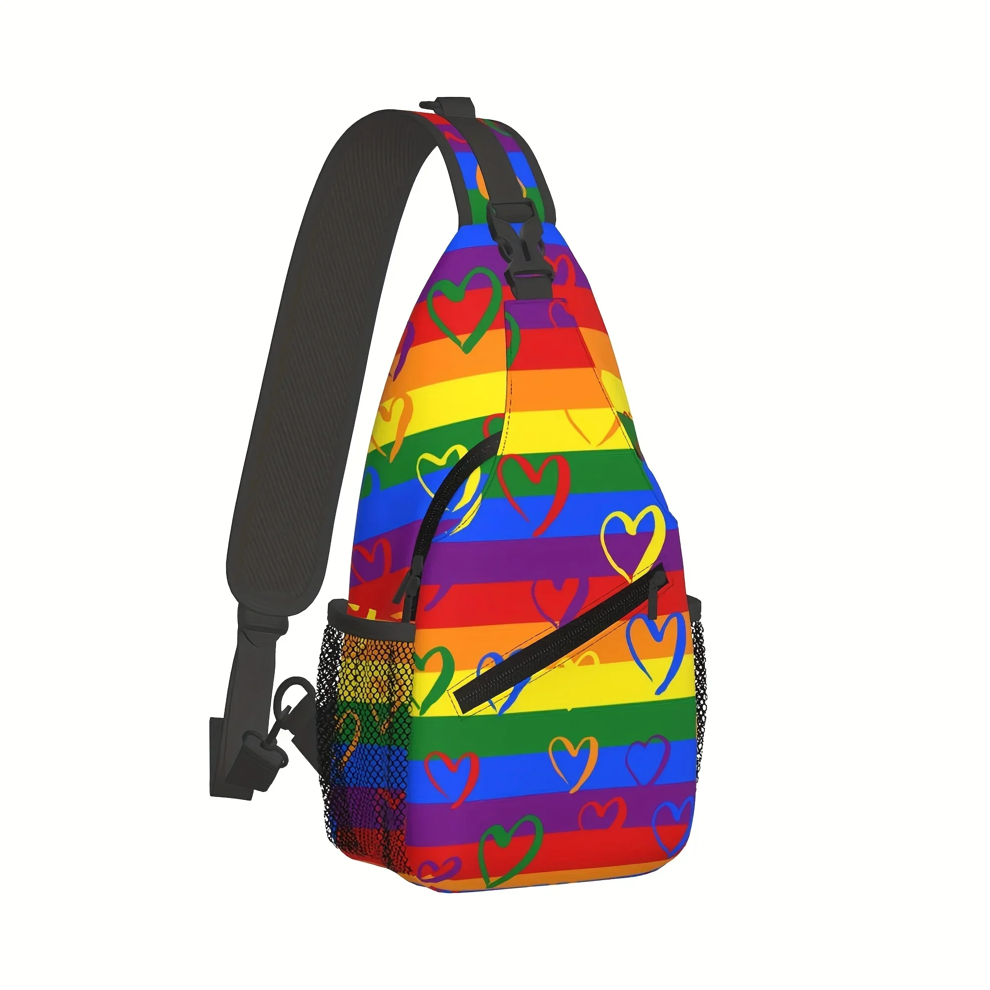 Custom LGBT Pride Flag Rainbow Heart Print Men's Convertible Chest Bag - Adjustable Crossbody Sling Bag With Zipper Closure, Dur
