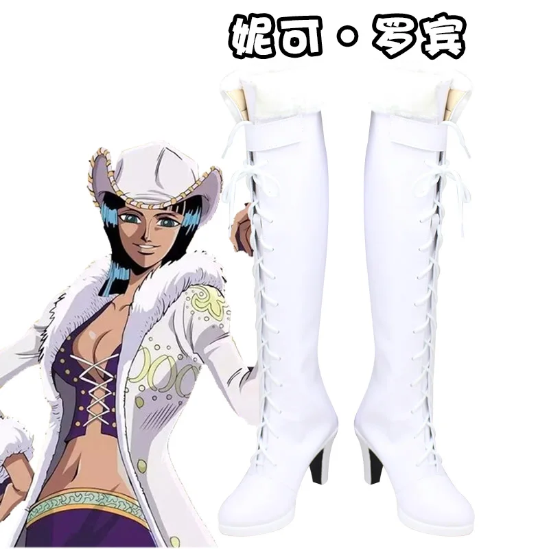 NICO Robin Cosplay Shoes Anime Halloween White High Heel Boots Custom made