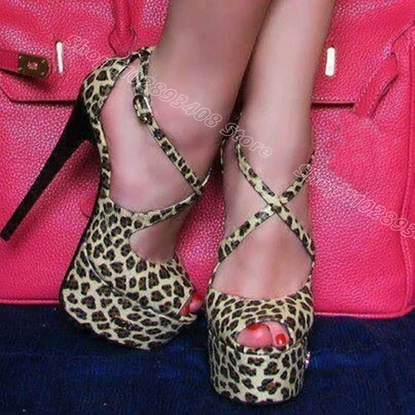 

Leopard Print Platform Sandals Peep Toe Stiletto British Style Fashion Summer Party Cover Heels Sexy Shoes Zapatos Para Mujere