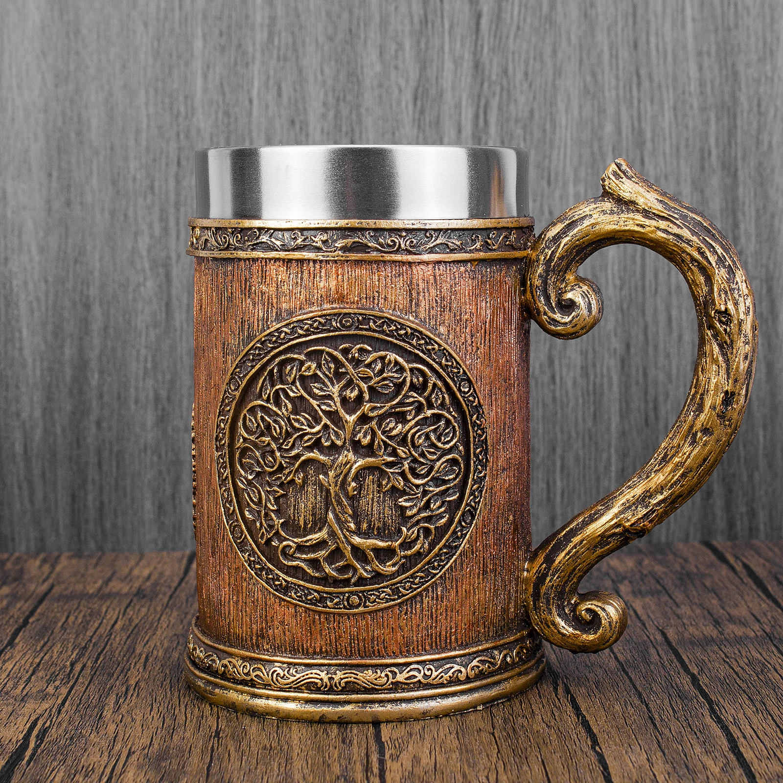 Norse Tree of Life Viking Mug Resin Stainless Steel Beer Cup Celtic Tree Halloween Gift 600ml Retro Medieval Wooden Imitation