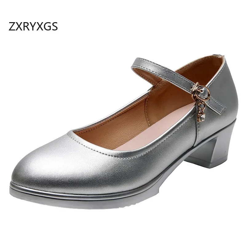 ZXRYXGS 2026 New Fashion Cowhide Patent Leather Shoes Woman Round Toe Shallow Mouth Mid Heels Women's Office Work Banquet Shoes