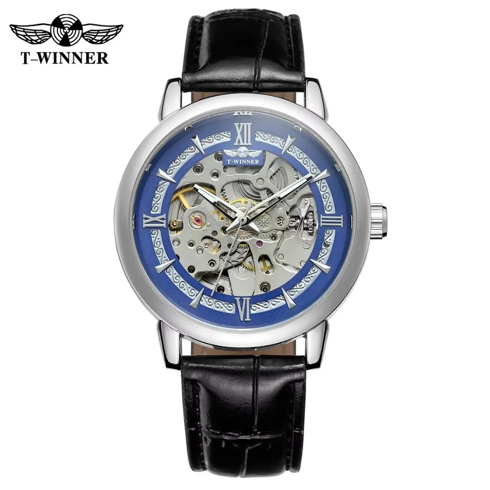 T-WINNER fashion casual men's watch creative hollow design blue dial black leather strap automatic mechanical watch