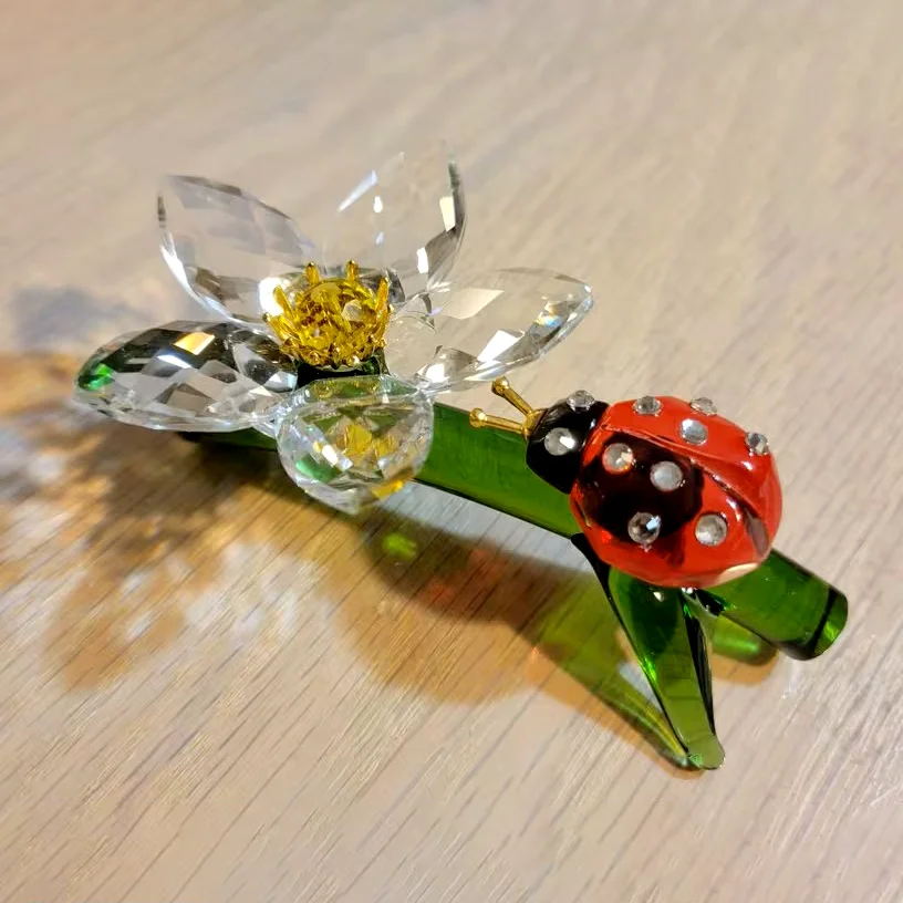 Ladybug & Crystal Flower Glass Ornament - Handmade Indoor Outdoor Decor, Sparkling Gift for Christmas, Valentine's, Mother's Day