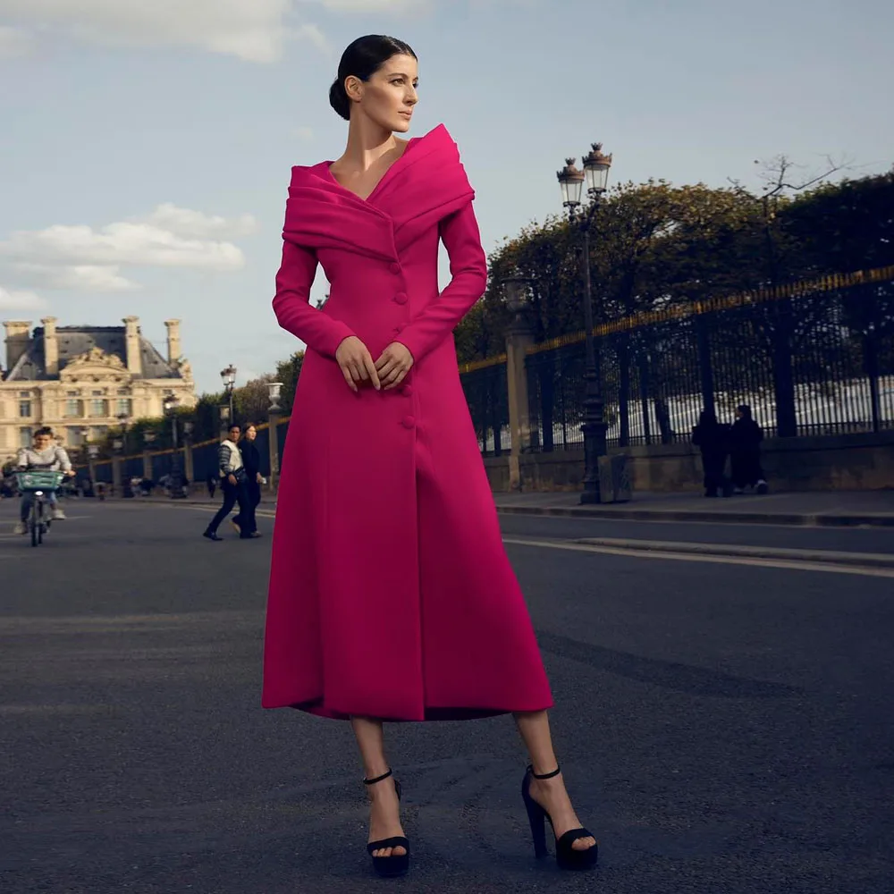 Elegant Fuchsia Stretchy Ankle Length Women Blazer Dresses  V-neck Full Sleeves Modest Formal Party Dress Evening Gowns